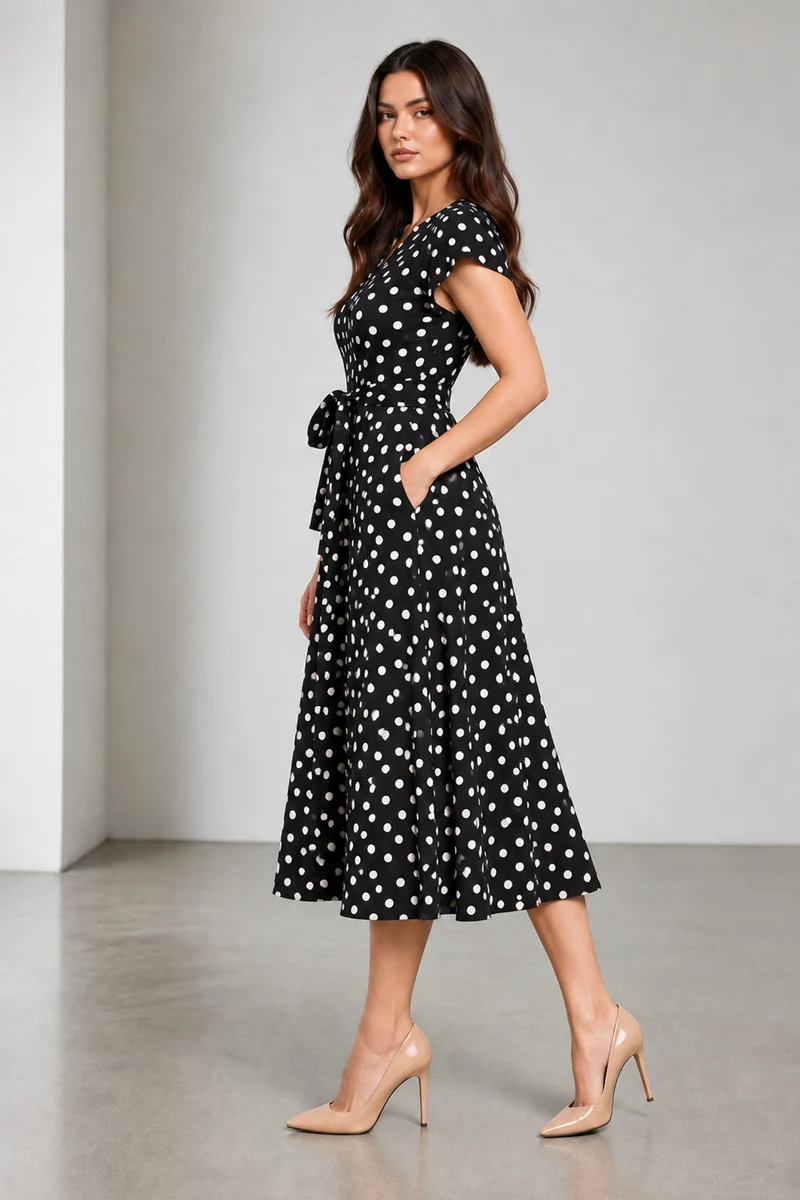 Vianne|Viscose Polka Dot Tie Up Dress