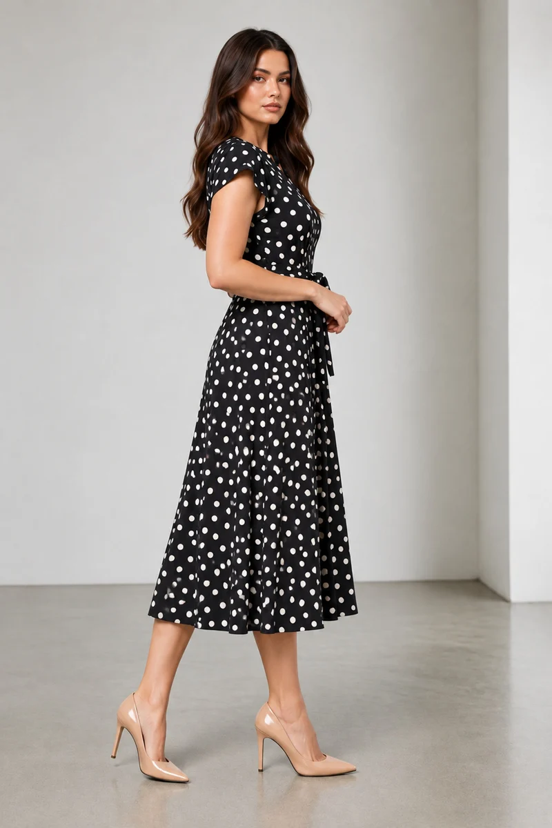 Vianne|Viscose Polka Dot Tie Up Dress