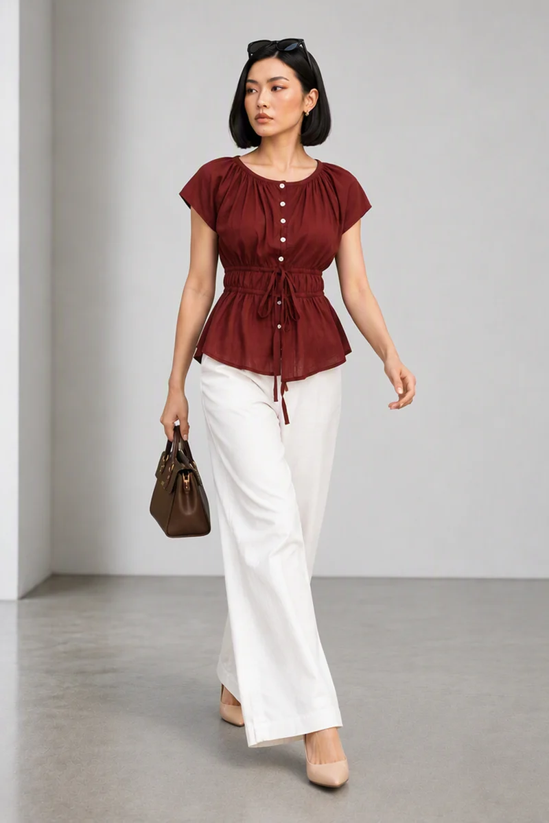 Tivon|Linen Waist Tieup Peplum Top