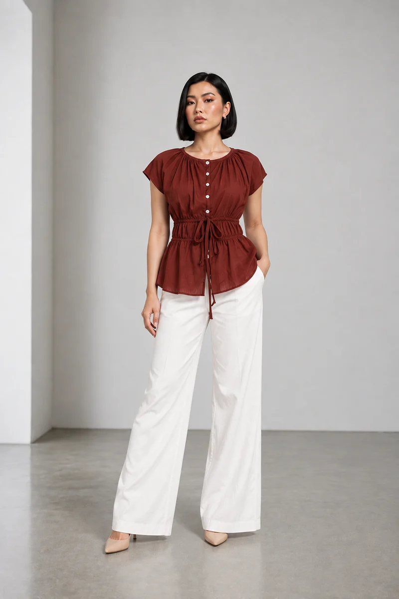 Tivon|Linen Waist Tieup Peplum Top