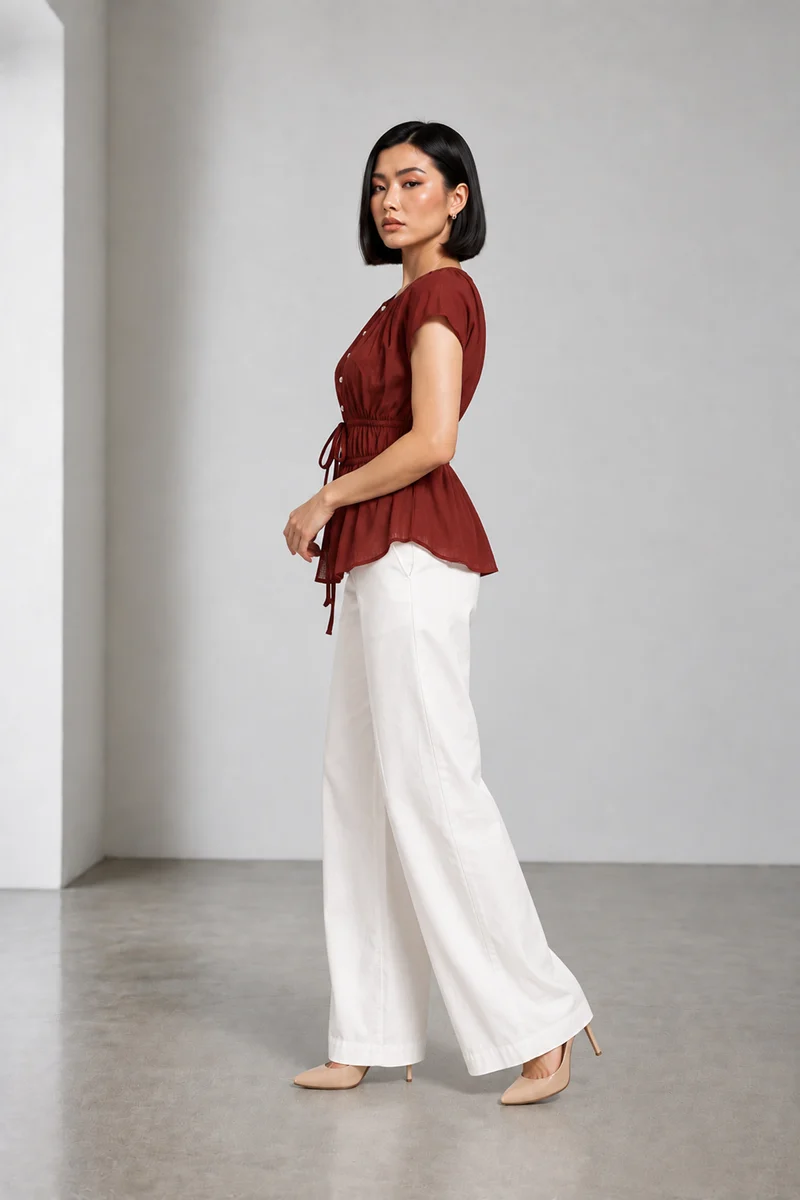 Tivon|Linen Waist Tieup Peplum Top