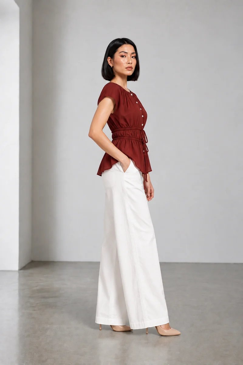 Tivon|Linen Waist Tieup Peplum Top