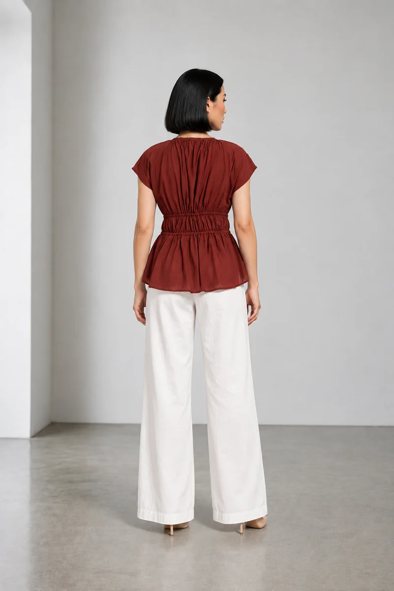Tivon|Linen Waist Tieup Peplum Top