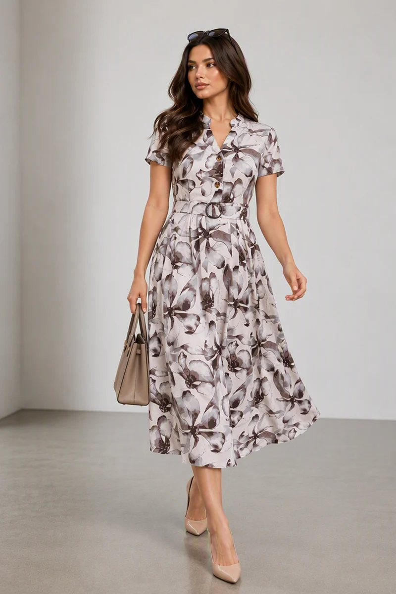 Veyna|Cotton Printed Mandarin Collar Midi Dress