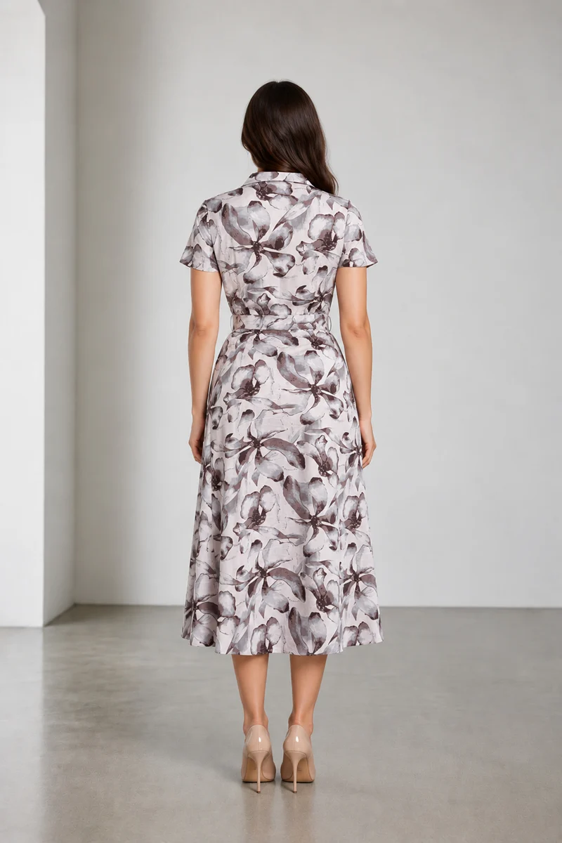 Veyna|Cotton Printed Mandarin Collar Midi Dress