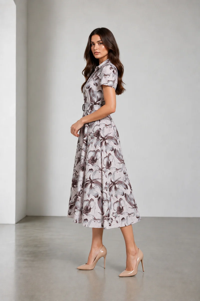 Veyna|Cotton Printed Mandarin Collar Midi Dress