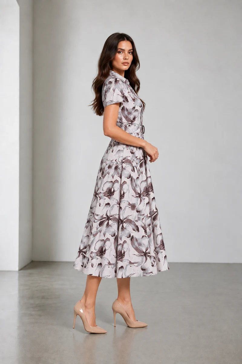 Veyna|Cotton Printed Mandarin Collar Midi Dress