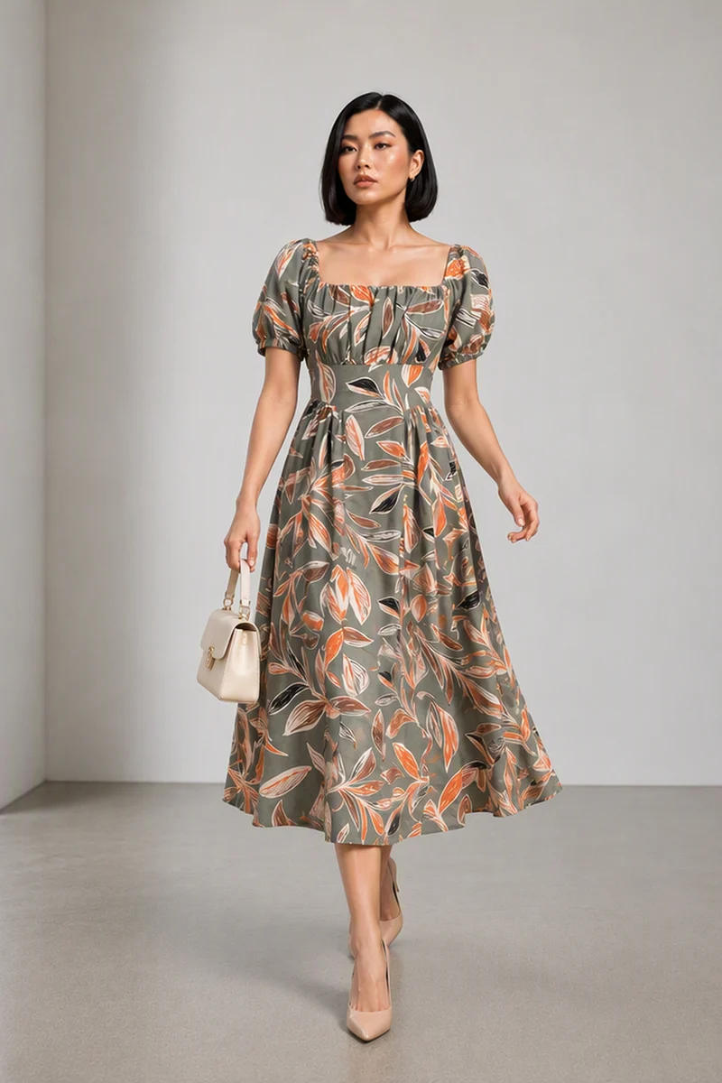Oriel|Cotton Printed Puff Sleeve Maxi Dress
