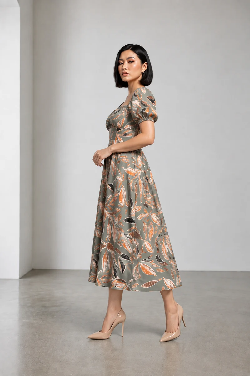 Oriel|Cotton Printed Puff Sleeve Maxi Dress