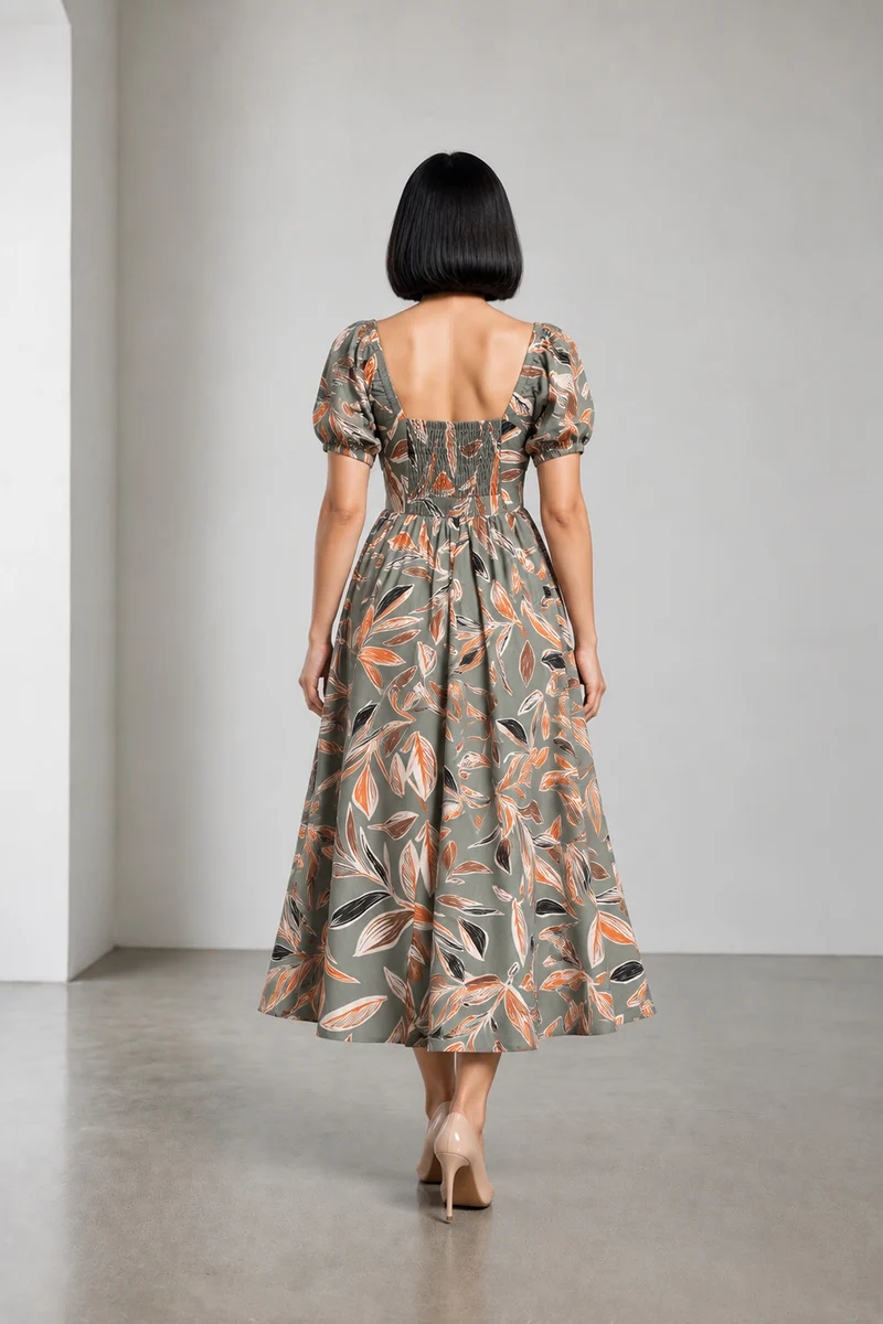 Oriel|Cotton Printed Puff Sleeve Maxi Dress