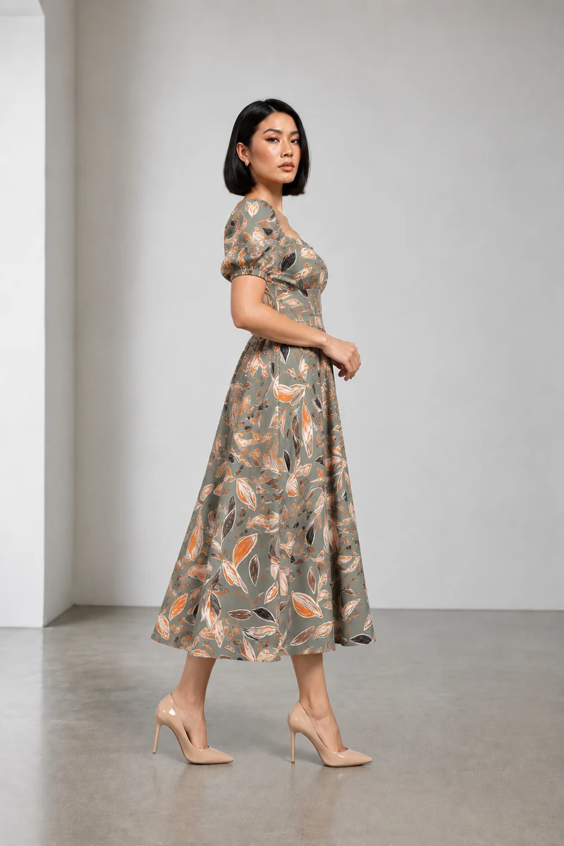 Oriel|Cotton Printed Puff Sleeve Maxi Dress