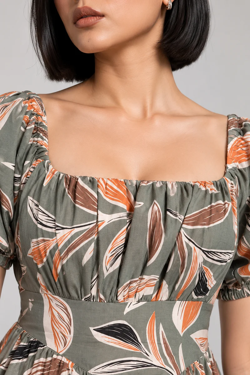 Oriel|Cotton Printed Puff Sleeve Maxi Dress