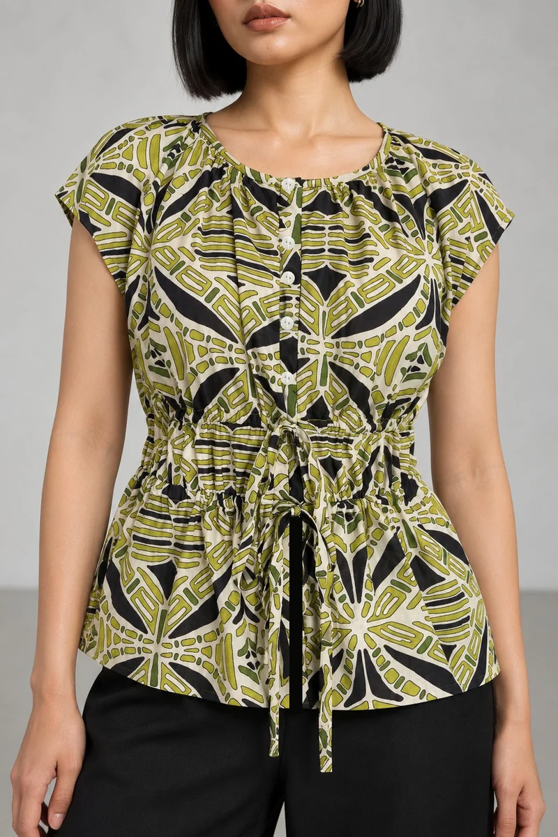 Nerai|Cotton Waist Tieup Peplum Top