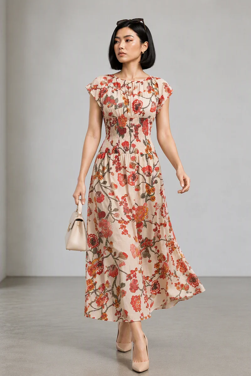 Tavina|Cotton Smocked Waist Midi Dress