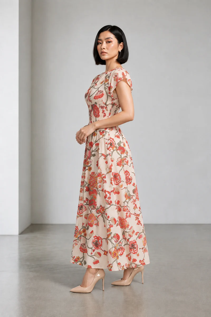 Tavina|Cotton Smocked Waist Midi Dress