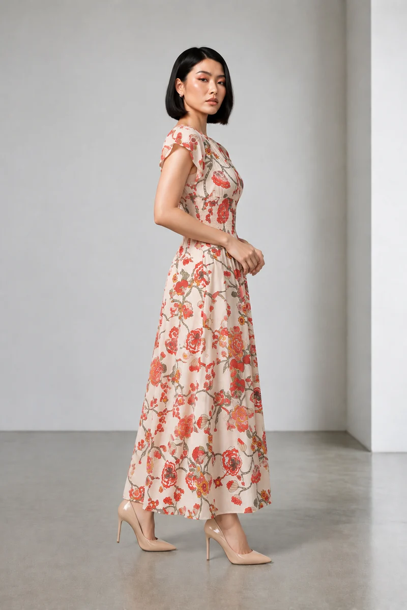 Tavina|Cotton Smocked Waist Midi Dress