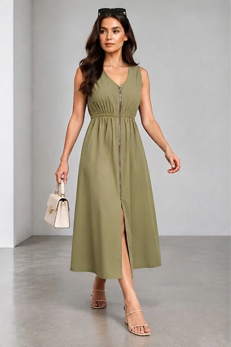 Auria|Cotton Front Zip Closure Maxi Dress