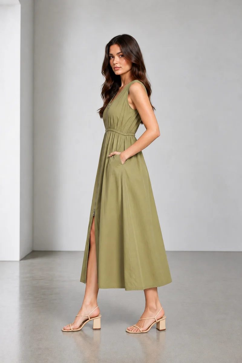 Auria|Cotton Front Zip Closure Maxi Dress