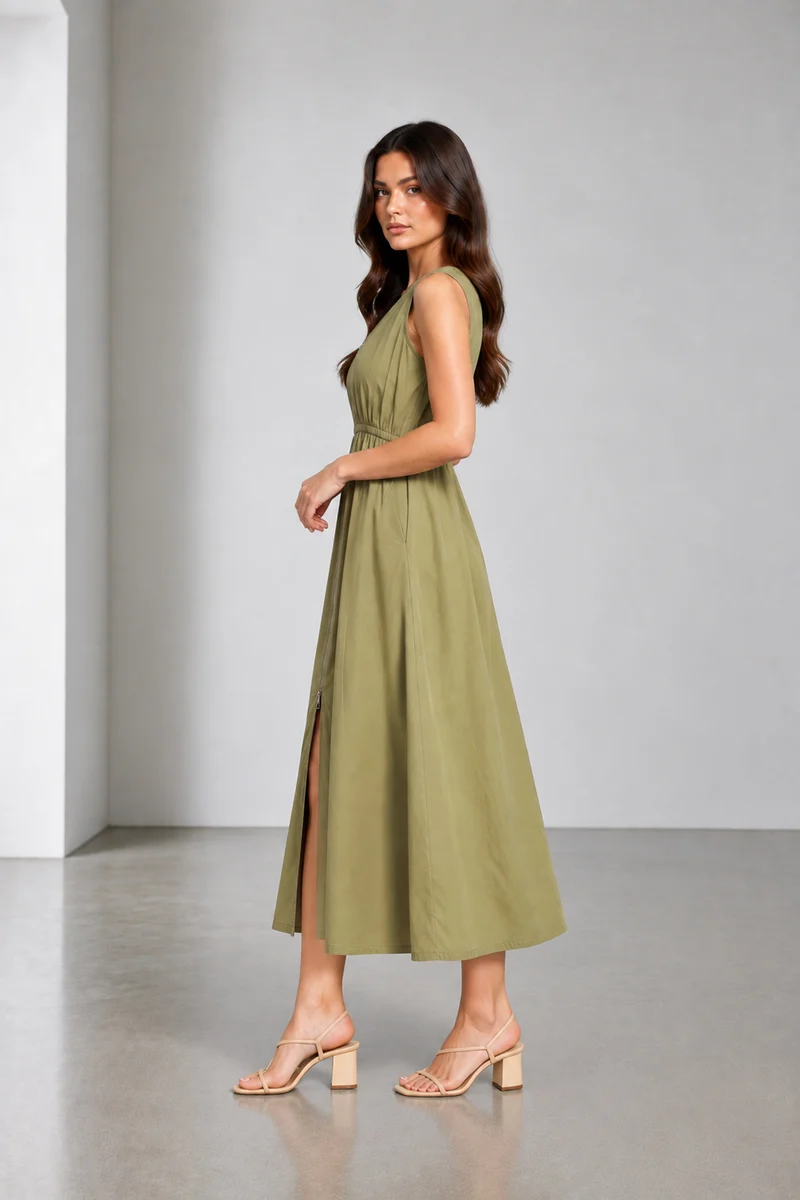 Auria|Cotton Front Zip Closure Maxi Dress