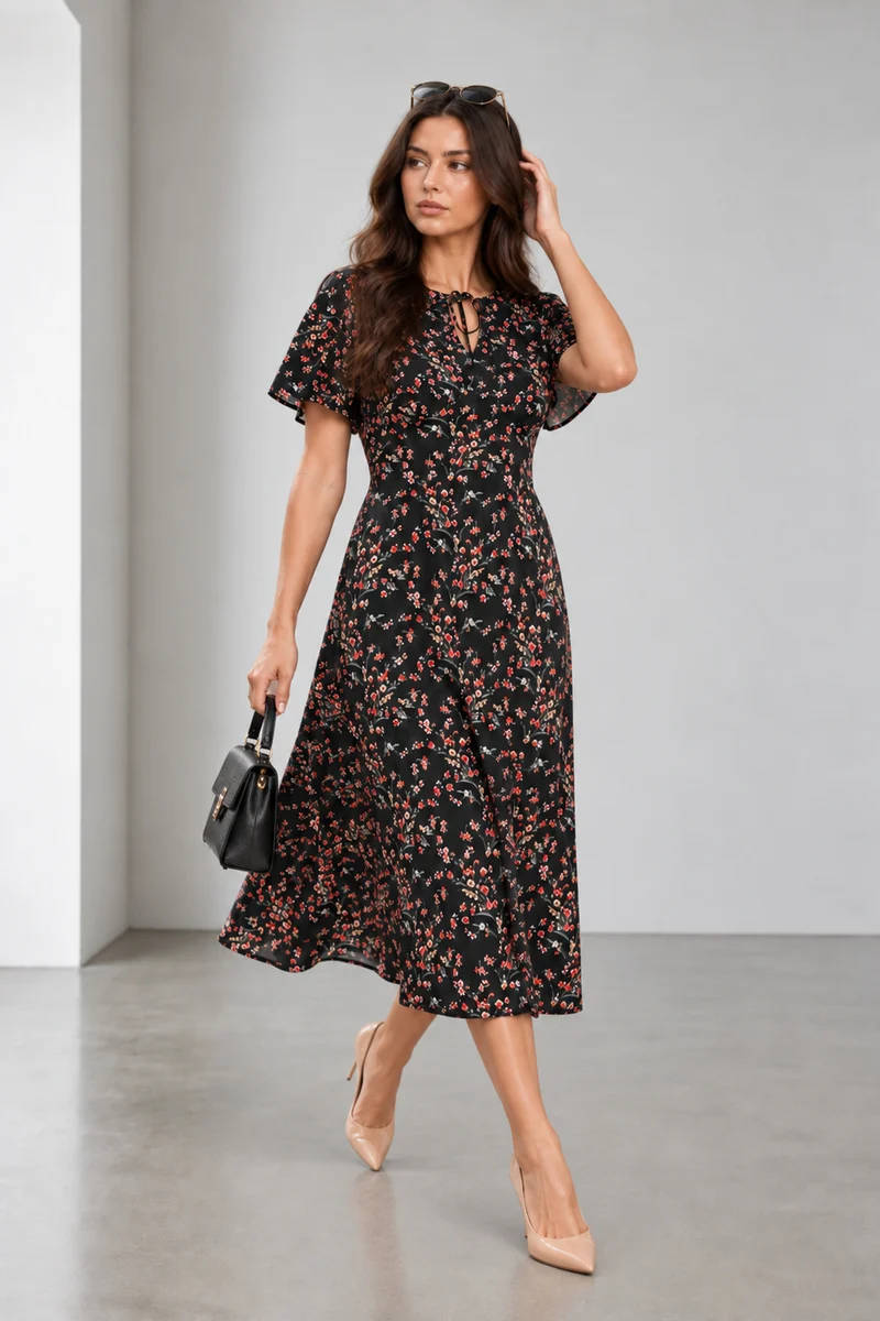 Caliva|Viscose Printed Bell Sleeve Dress