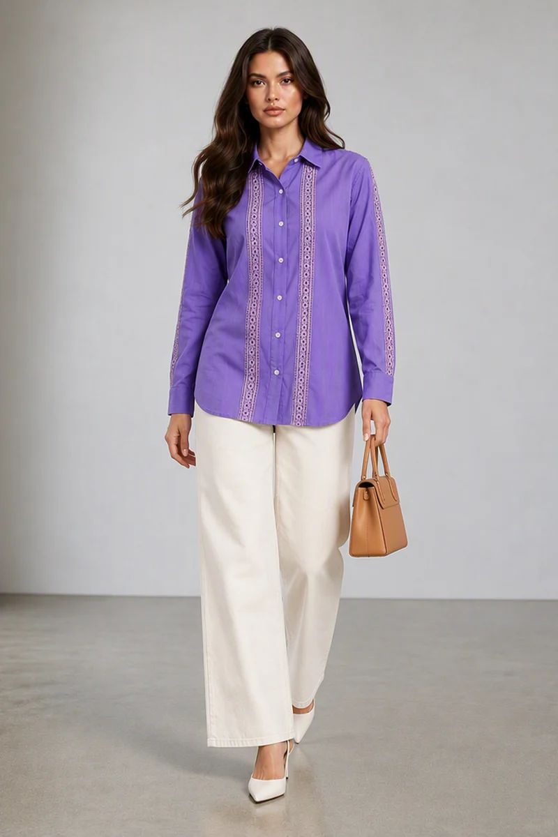 Briala|Cotton Shirt Collar Neck Line Long Sleeves