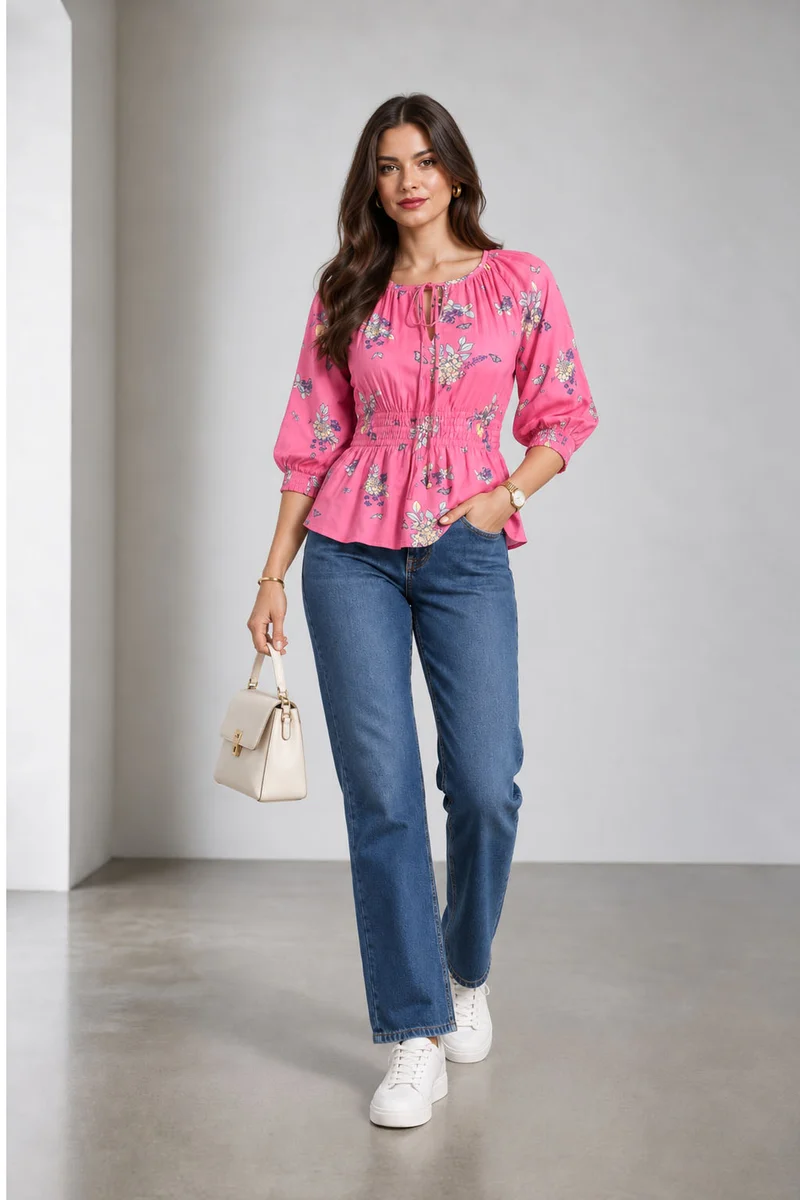 Zavra|Viscose Smocked Waist Peplum Top