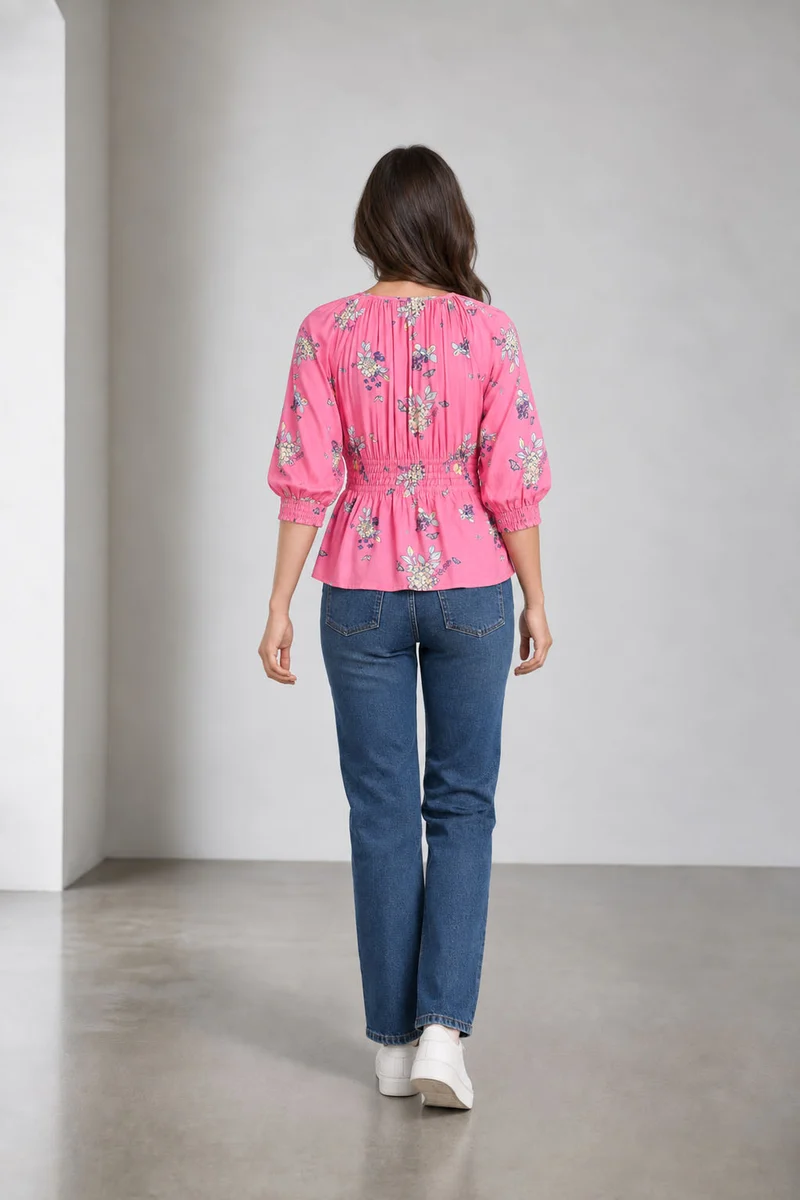 Zavra|Viscose Smocked Waist Peplum Top