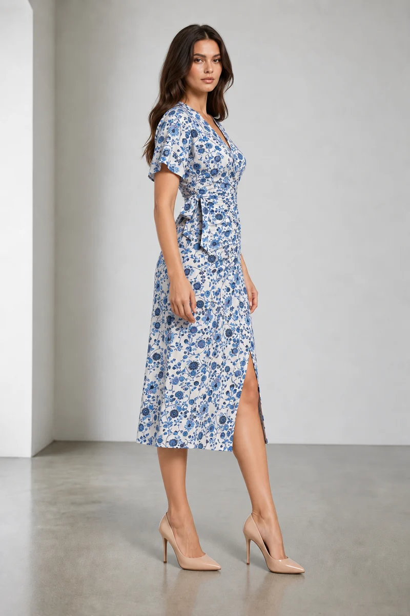Avell|Cotton Viscose Ditsy Floral Wrap Midi Dress