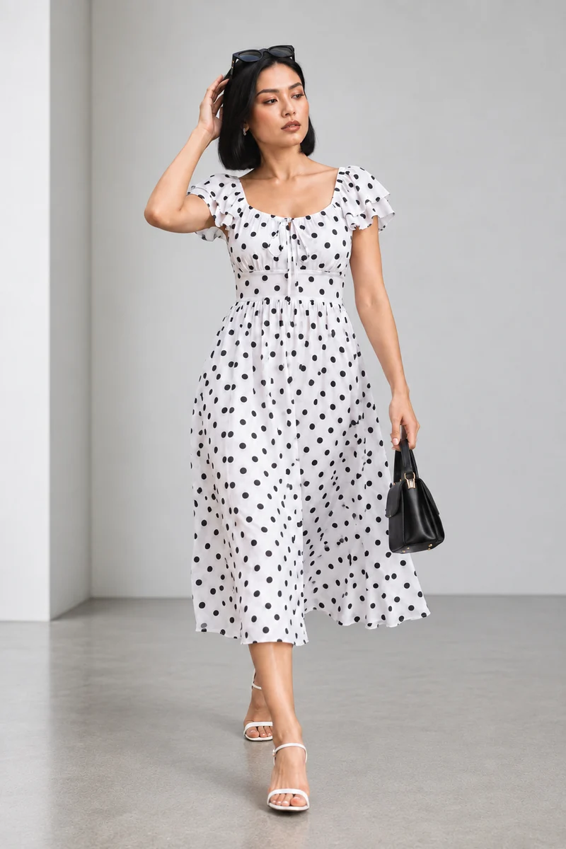 Vinya|Viscose Polka Dot Fit Flared Dress