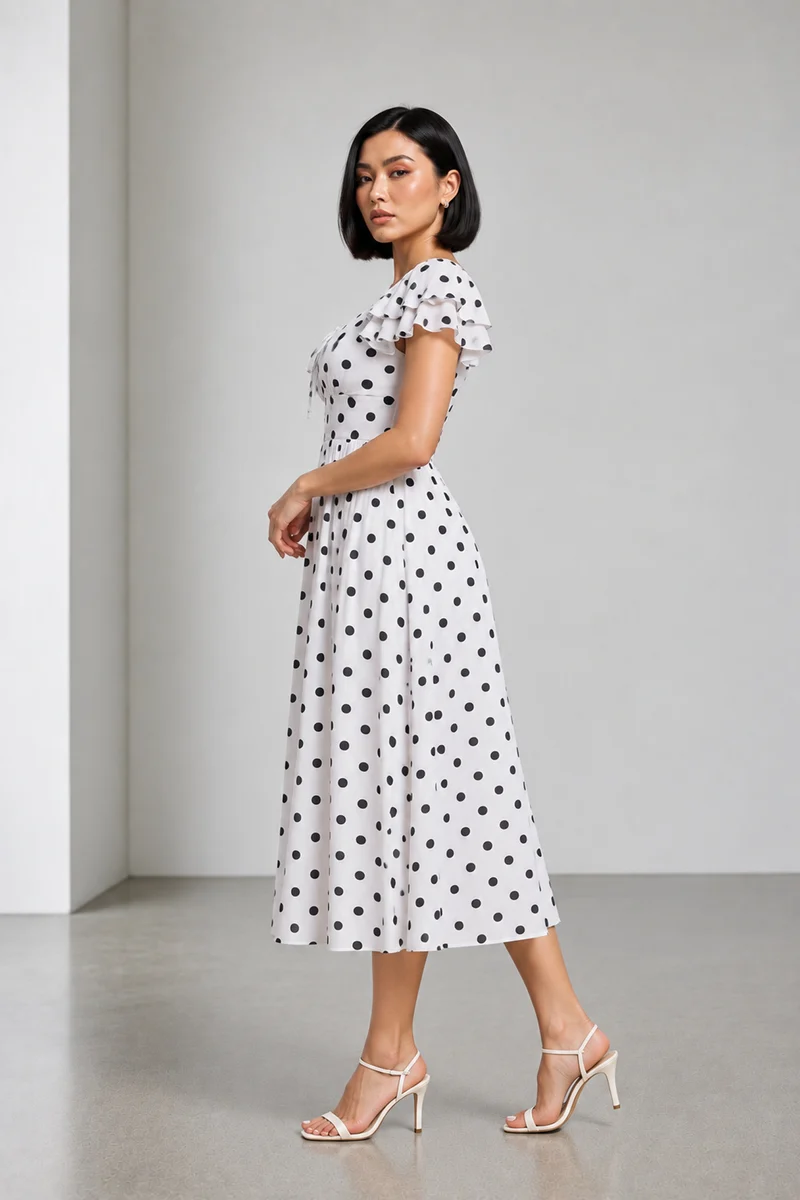 Vinya|Viscose Polka Dot Fit Flared Dress