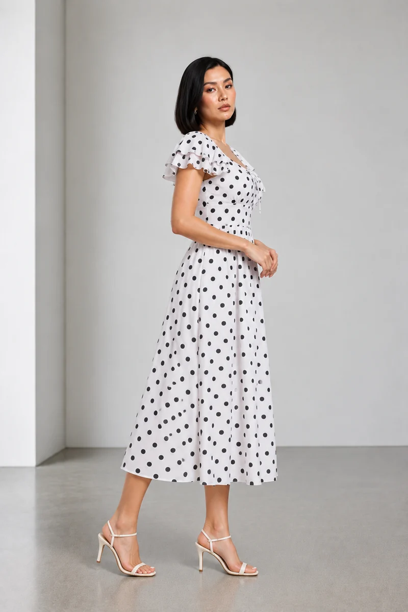 Vinya|Viscose Polka Dot Fit Flared Dress