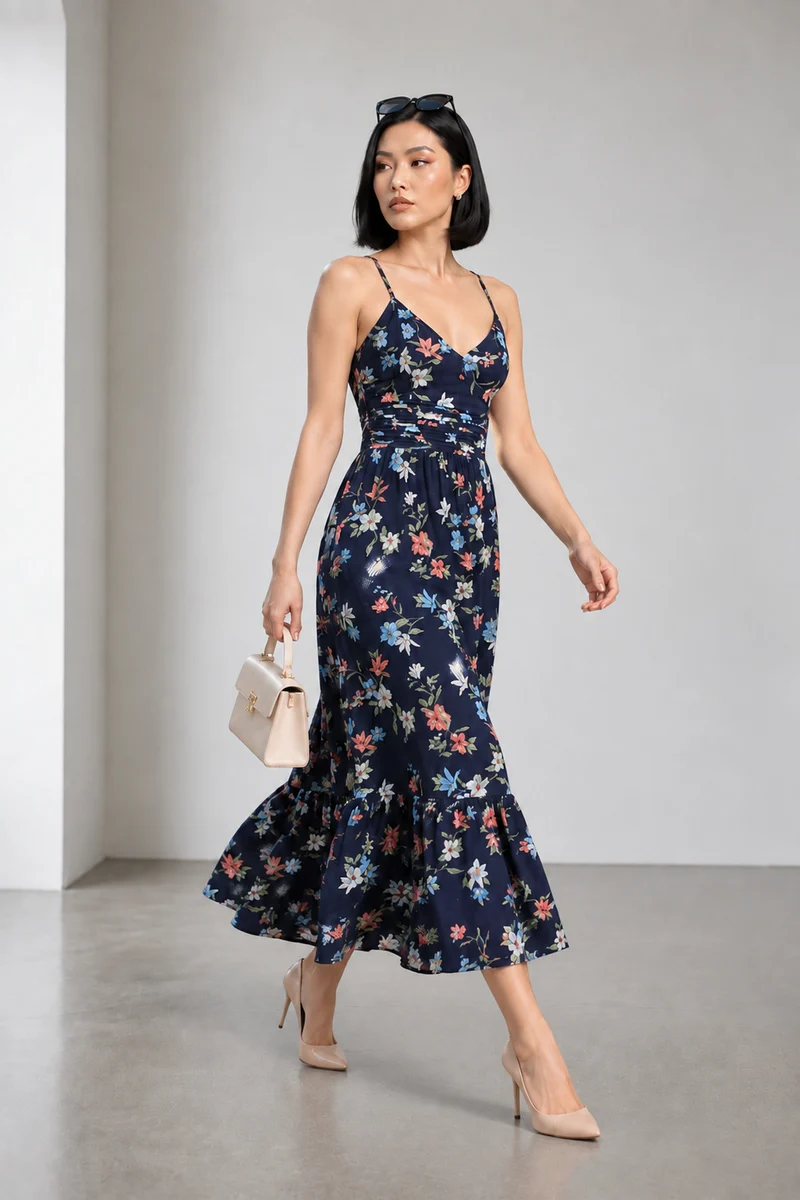 Neri|Viscose Back Tieup Midi Dress