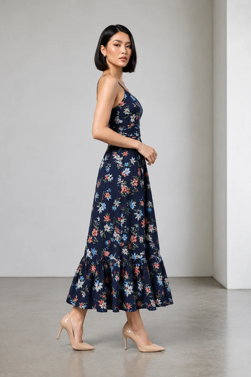 Neri|Viscose Back Tieup Midi Dress