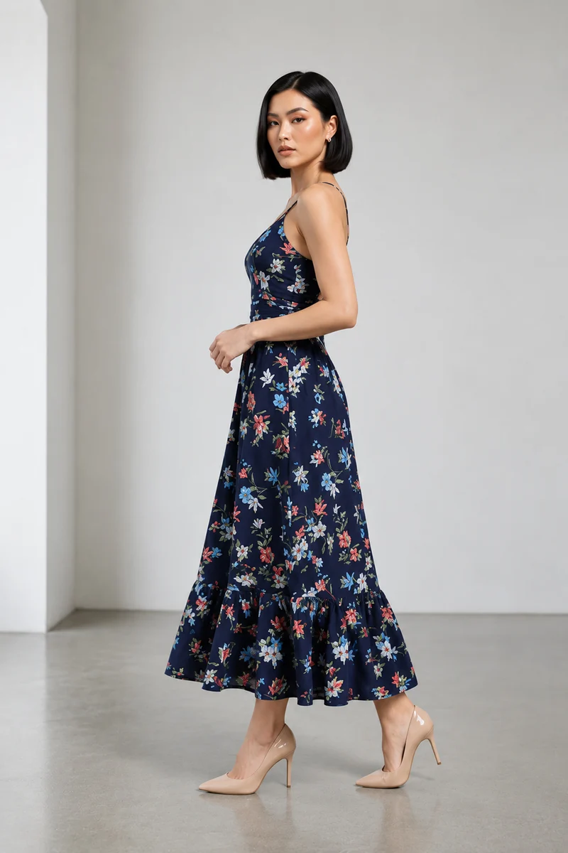 Neri|Viscose Back Tieup Midi Dress