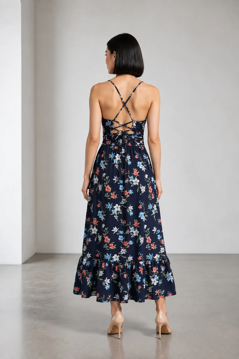 Neri|Viscose Back Tieup Midi Dress