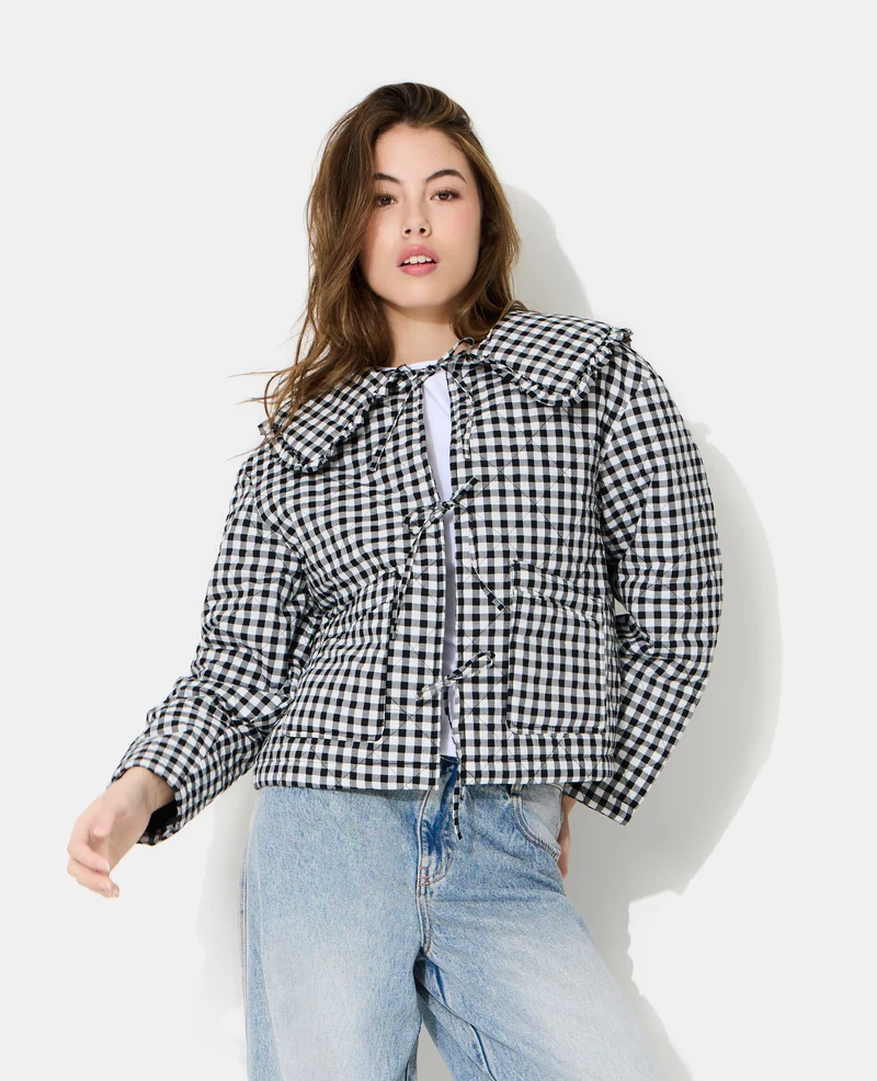 Veste matelassée motif vichy avec grand col