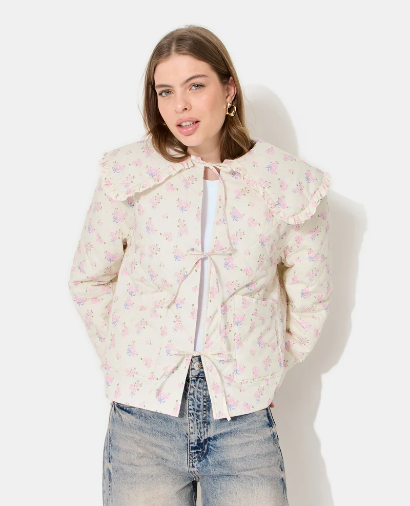 Veste matelassée motifs fleurs avec grand col