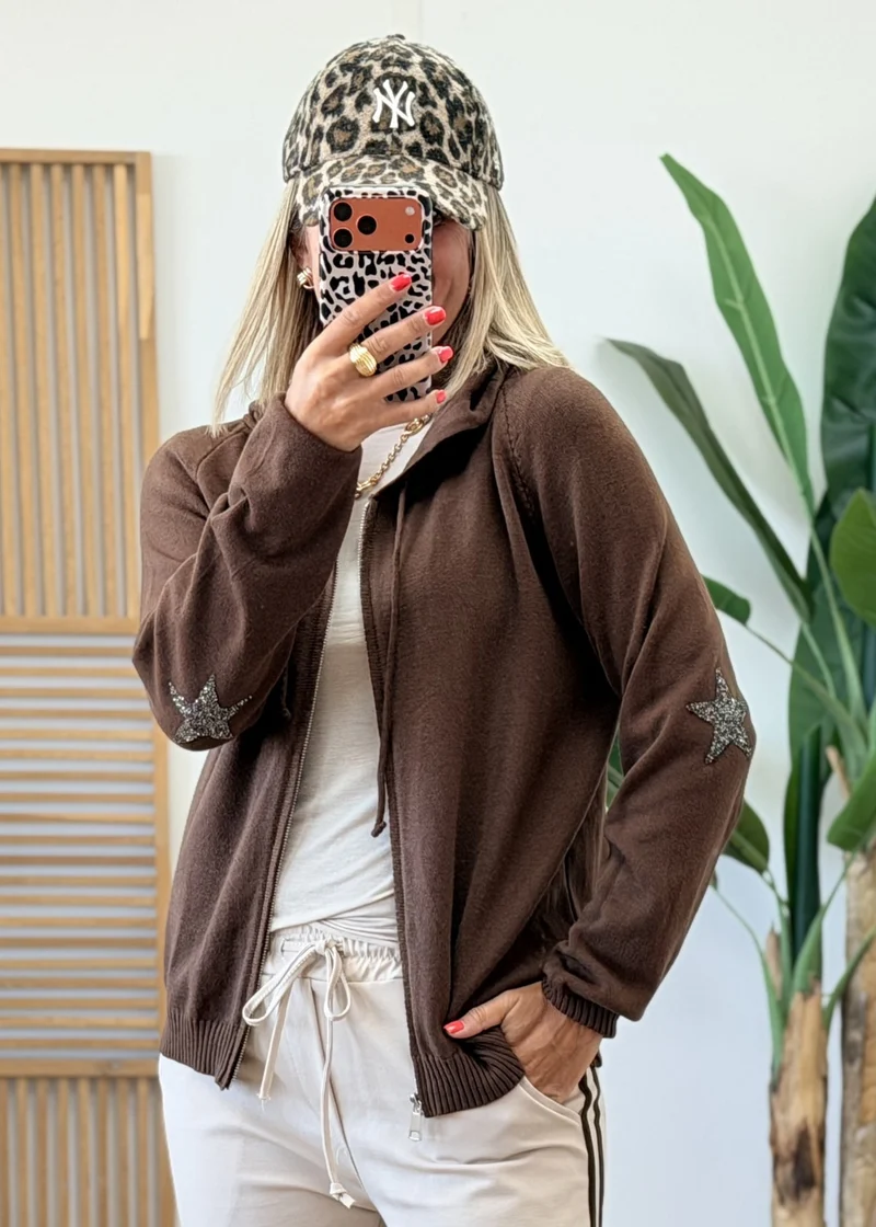 Gilet à Capuche Zippé avec Étoile Strass sur les Coudes