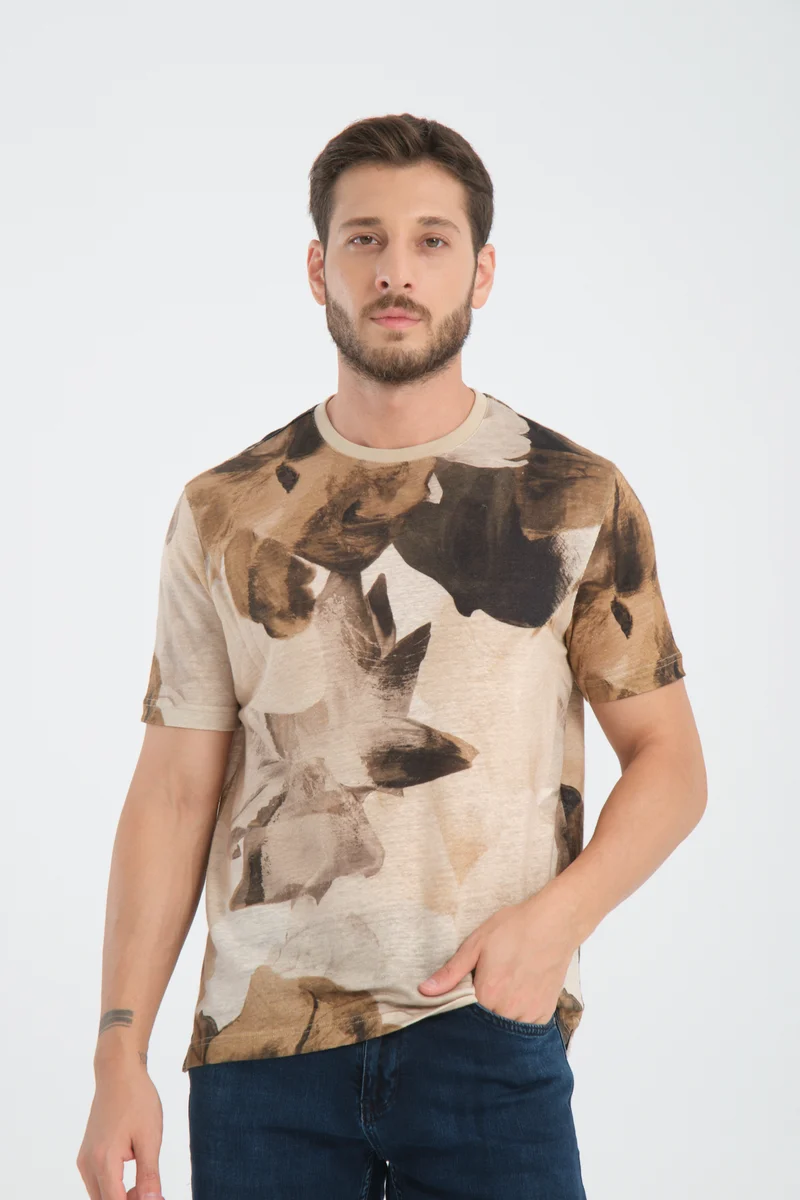 Linen Man T-shirt Beige Blue