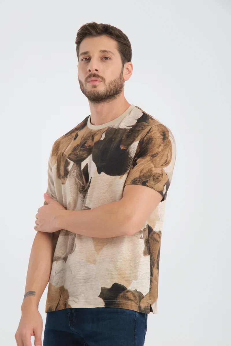Linen Man T-shirt Beige Blue