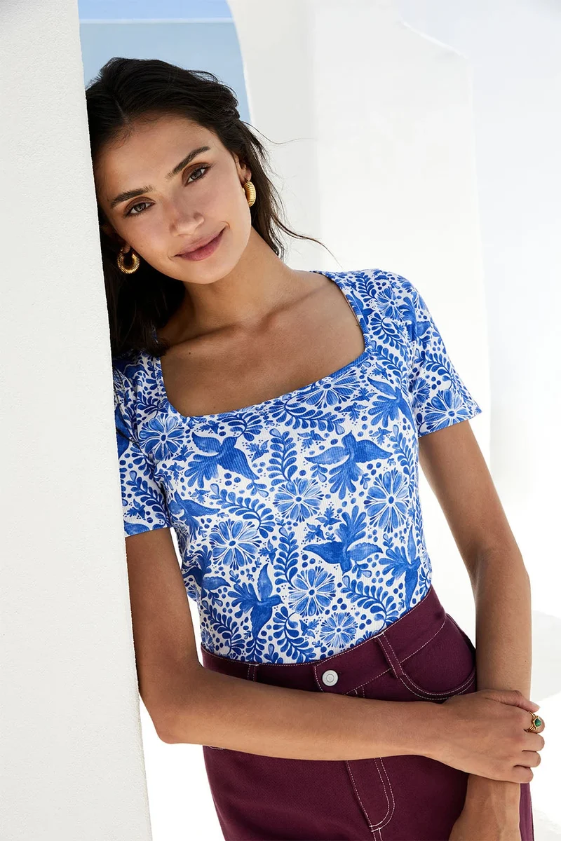 T-shirt Paresseuse en coton Oiseau de Nuit Bleu