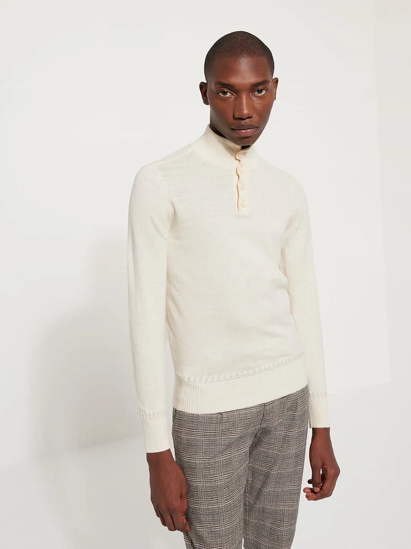 Pull col boutonné uni en coton cachemire