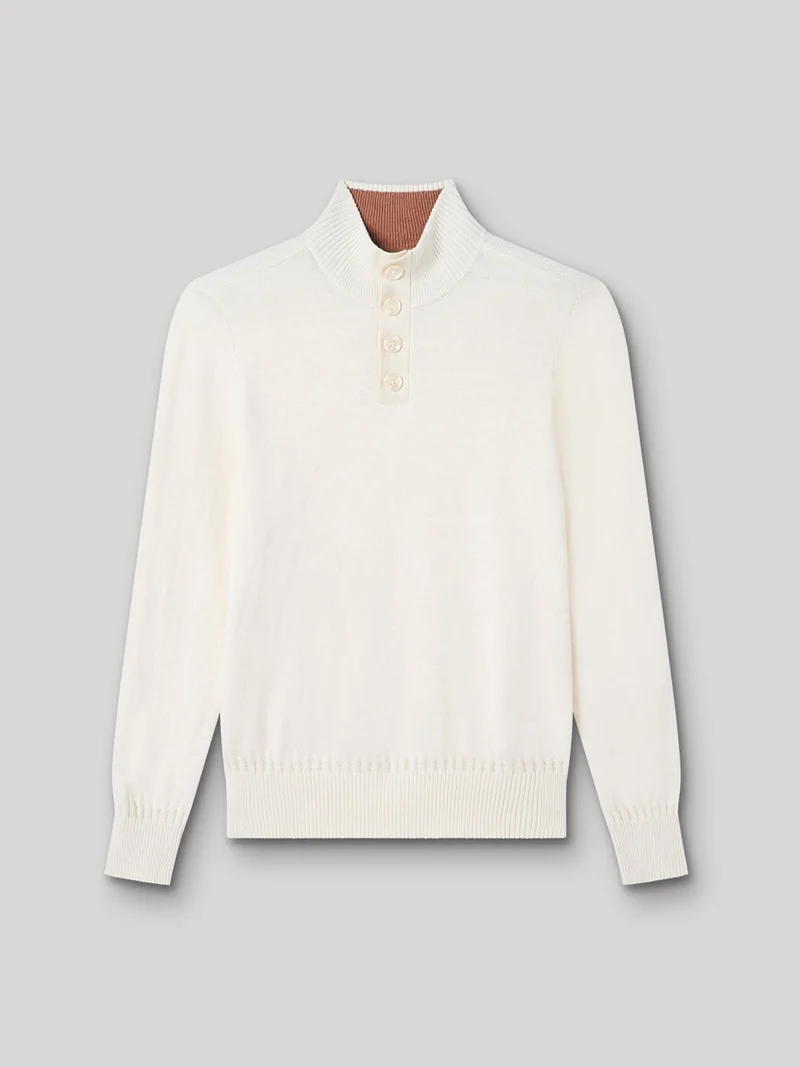Pull col boutonné uni en coton cachemire