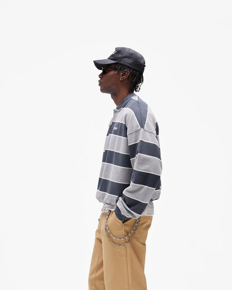 California Striped Henley Sweater - Jet Black Grey Marl