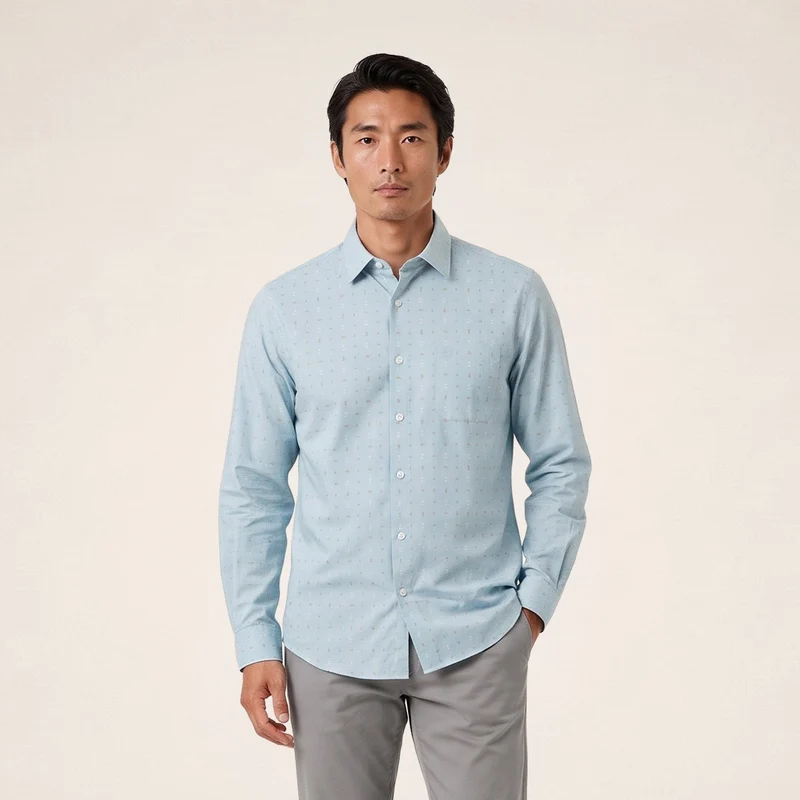 Chemise manches longues coton imprimé losanges bleu