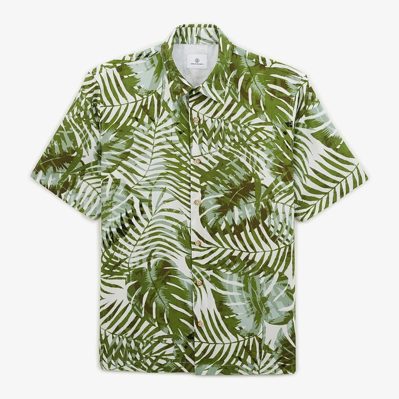 Chemise manches courtes regular imprimé feuilles vert militaire