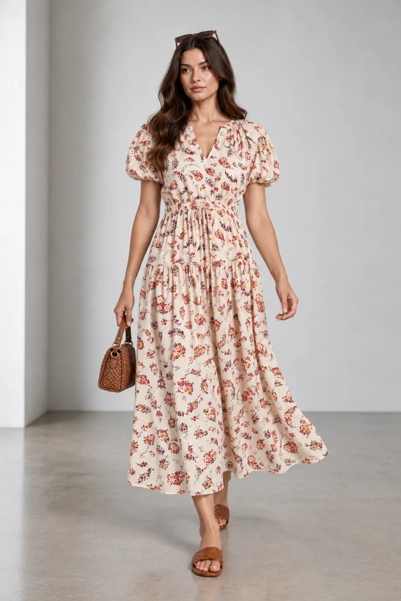 Maelin|Cotton Elasticated Waist Midi Dress