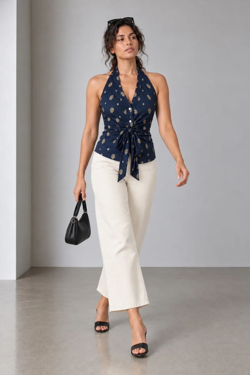 Alda|Viscose Slub Halter Tie Front Top