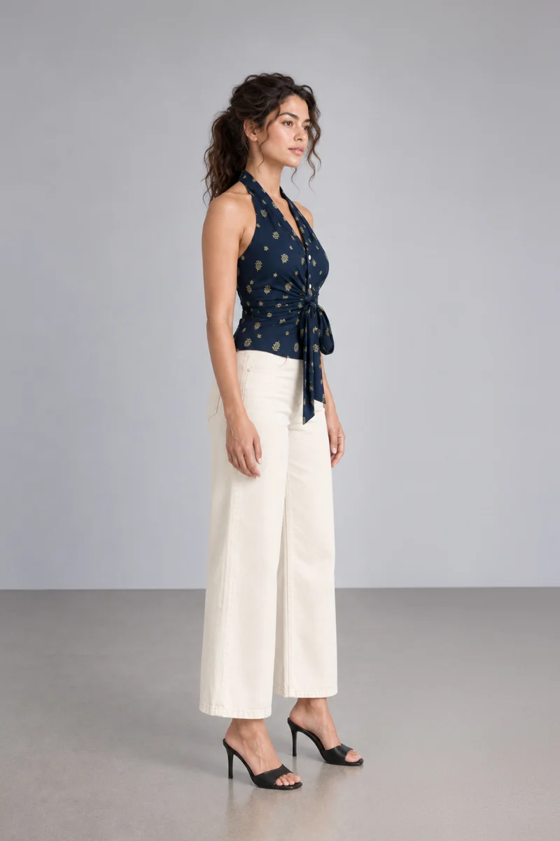 Alda|Viscose Slub Halter Tie Front Top