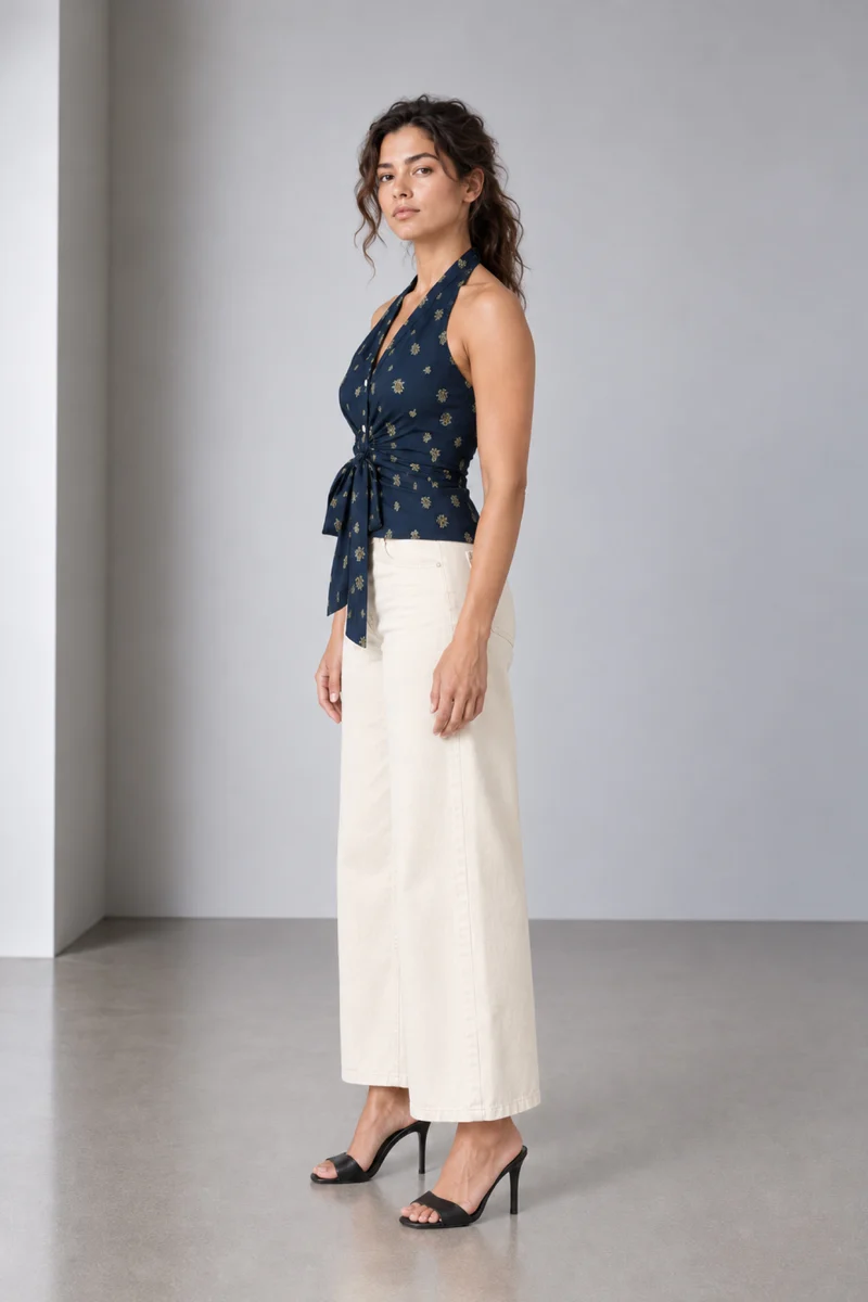 Alda|Viscose Slub Halter Tie Front Top